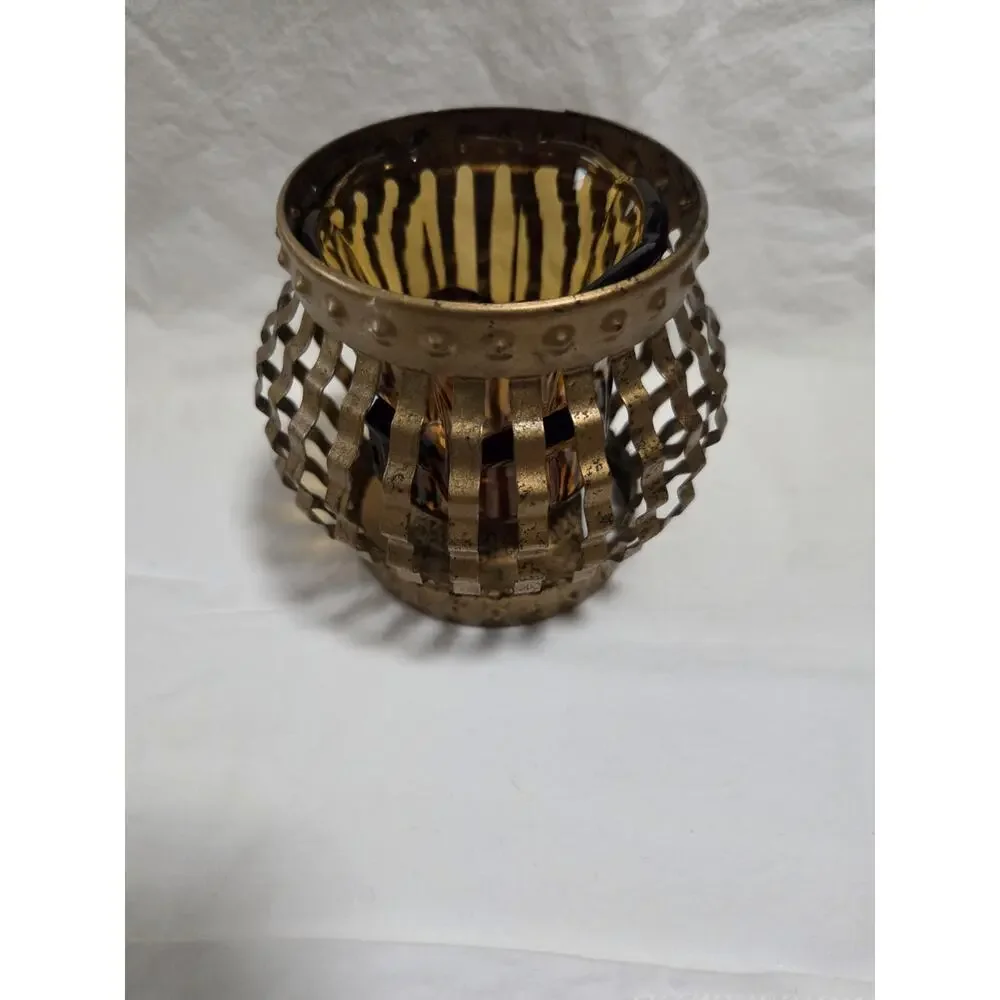 Vintage ~ Homco ~ Gold Tone Candle Holder ~ 5x4 inches With Amber Glass Votive